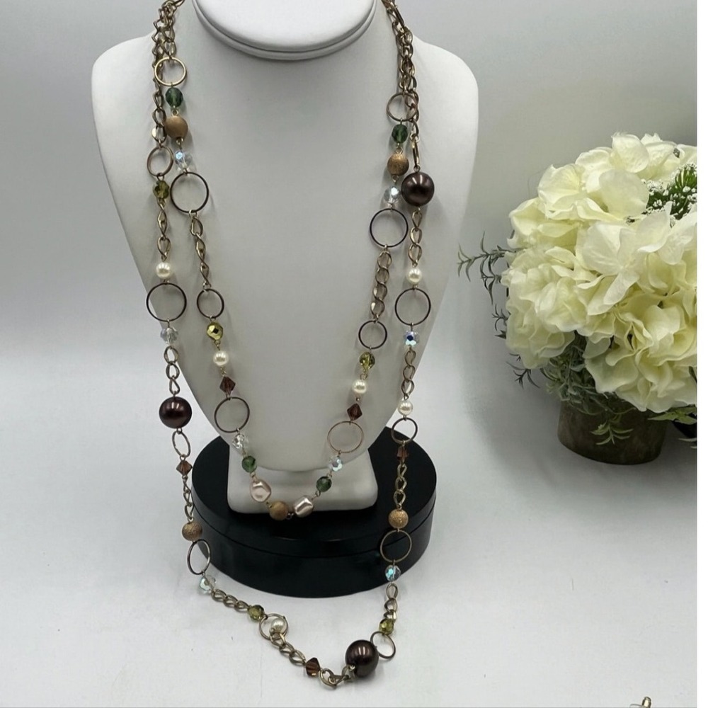 Vintage Style Multi-Strand Bronze  Green Brown Pearl Crystal Beaded Necklace new